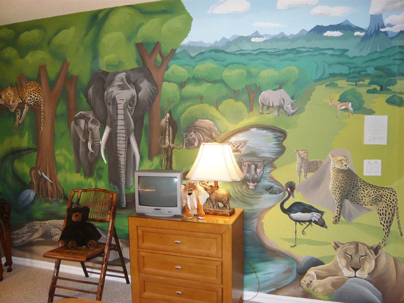 African themed children's mural with jungle animals.