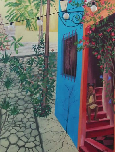 Brightly coloured street scene mural of Santo Domingo with girl and tropical flowers.