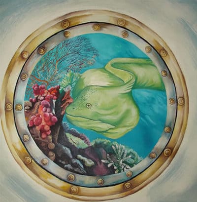 Porthole mural of a moray eel and coral from Captain Nemo's Pool Hall.