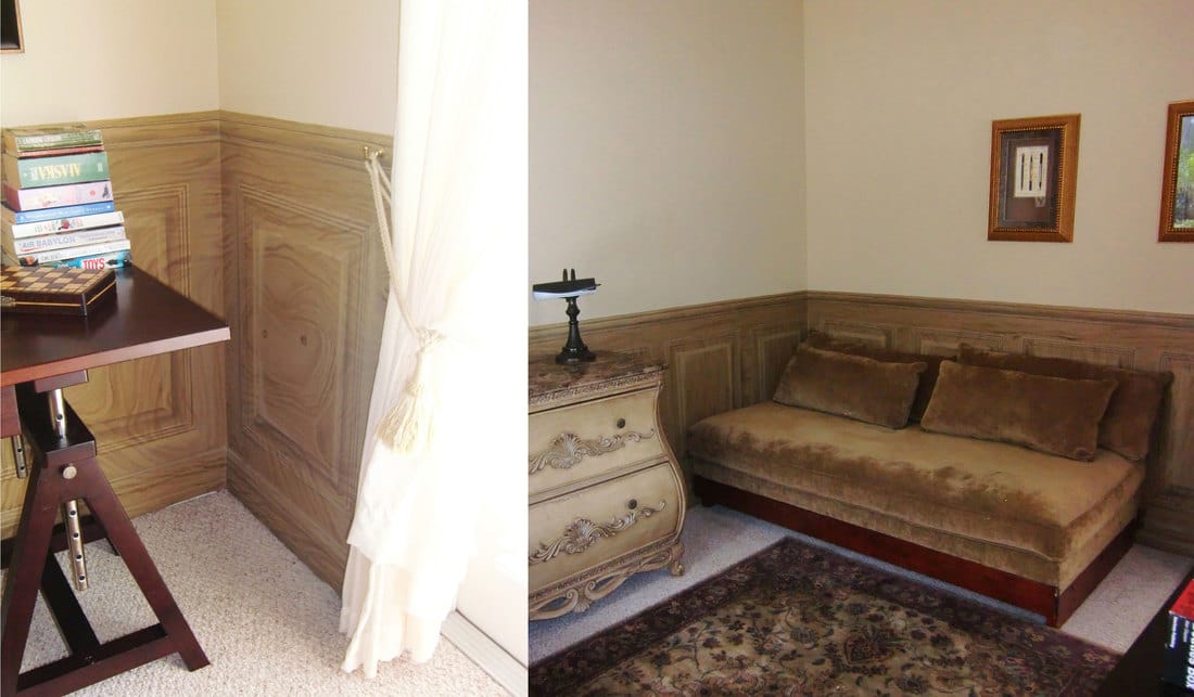Hand painted faux wainscoting or wood panelling.