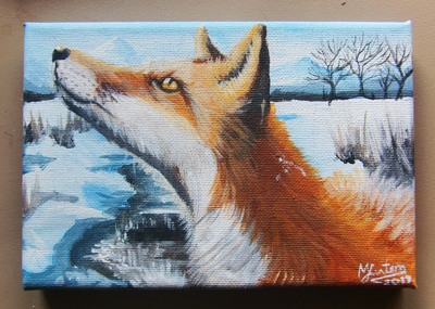 Hand painted tiny canvas of fox in snow in Oxford, England.