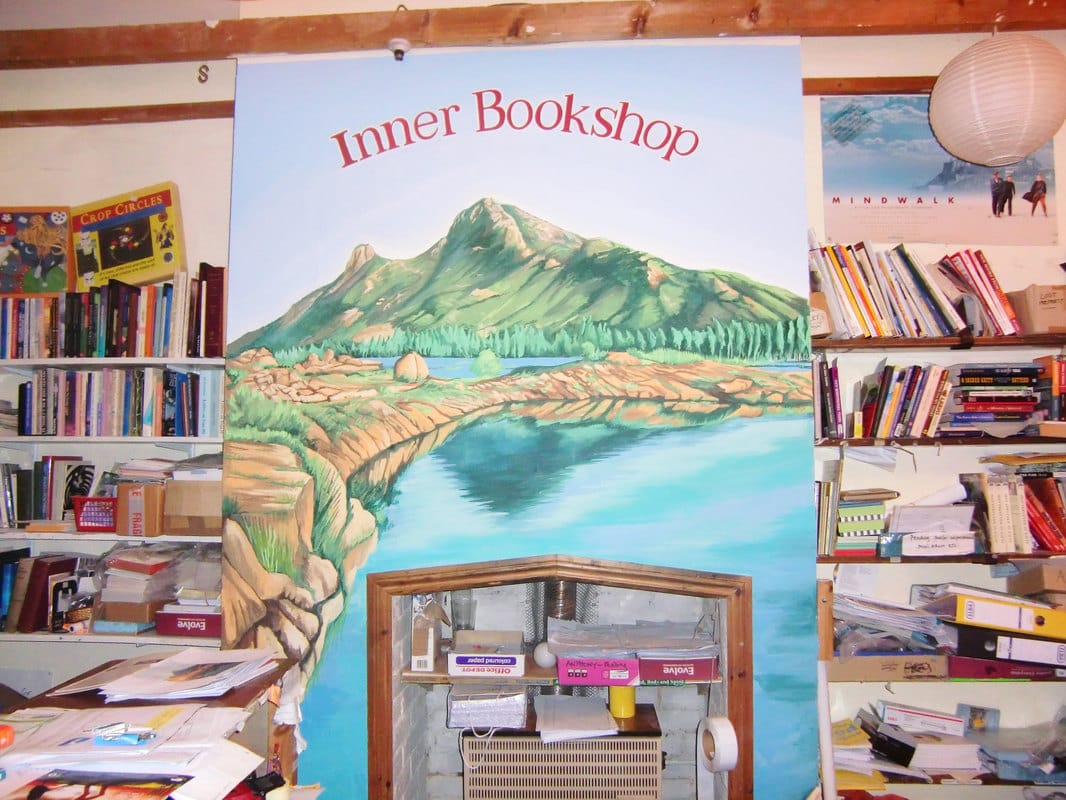 Mural of Indian mountains and lake for Oxford's Inner Bookshop.