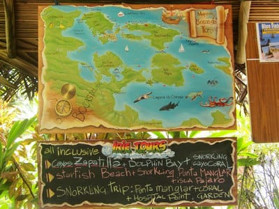 Hand painted pirate style vintage map of islands in Bocas del Toro. 