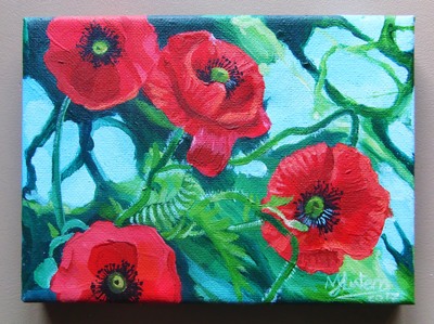 Hand painted tiny canvas of poppies in Oxford, England.