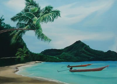 Tropical beach mural with longtail boats in Koh Tao, Thailand.