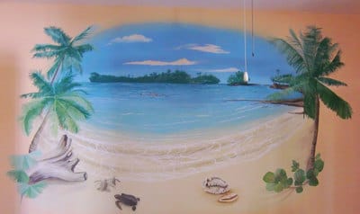 Tropical beach mural in theme room in Bocas del Toro.