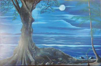 Hand painted tropical night scene with beach almond tree and full moon. 