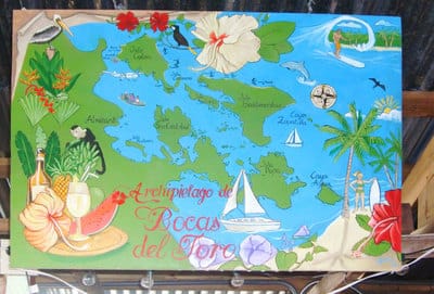 Hand painted 50s vintage Hawaii style island map of Bocas del Toro.