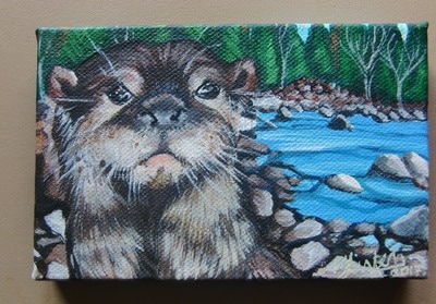 Hand painted tiny canvas of otter and river in Oxford, England.
