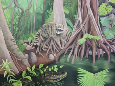 Rainforest mural with jungle animals and tropical beach scene from San Jose, Costa Rica.
