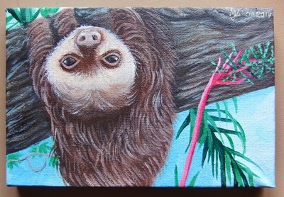 Hand painted tiny canvas of sloth in Bocas del Toro.