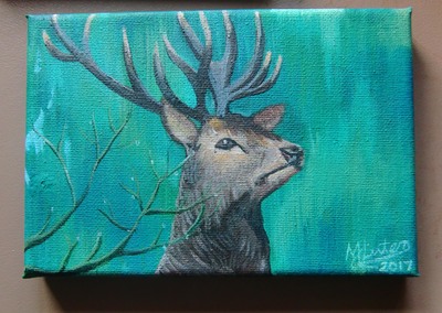 Hand painted tiny canvas of a stag in the rain in Oxford, England.